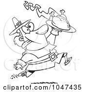 Poster, Art Print Of Cartoon Black And White Outline Design Of A Goofy Pilgrim Carrying A Hot Turkey