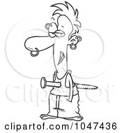 Royalty Free RF Clip Art Illustration Of A Cartoon Black And White Outline Design Of A Man Pierced With A Nail