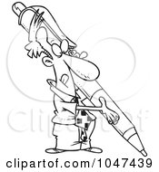Royalty Free RF Clip Art Illustration Of A Cartoon Black And White Outline Design Of A Businessman Holding A Huge Pen
