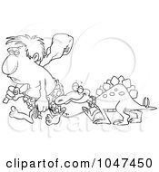 Royalty Free RF Clip Art Illustration Of A Cartoon Black And White Outline Design Of A Caveman Walking His Dinosaur