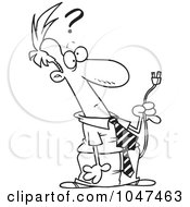 Royalty Free RF Clip Art Illustration Of A Cartoon Black And White Outline Design Of A Confused Businessman Holding A Plug