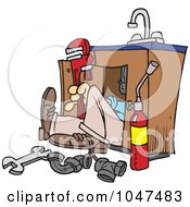 Cartoon Plumber Under A Sink