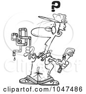 Royalty Free RF Clip Art Illustration Of A Cartoon Black And White Outline Design Of A Confused Plumber by toonaday