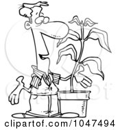 Poster, Art Print Of Cartoon Black And White Outline Design Of A Guy With A Potted Plant