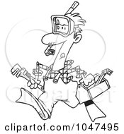 Poster, Art Print Of Cartoon Black And White Outline Design Of A Plumber Wearing Goggles And Fins