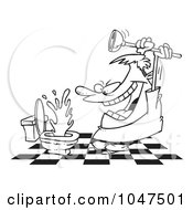 Poster, Art Print Of Cartoon Black And White Outline Design Of A Man Attacking A Toilet With A Plunger