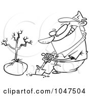 Cartoon Black And White Outline Design Of A Guy Planting A Tree