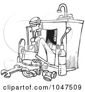 Poster, Art Print Of Cartoon Black And White Outline Design Of A Plumber Under A Sink