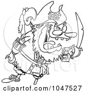 Royalty Free RF Clip Art Illustration Of A Cartoon Black And White Outline Design Of A Tough Pirate And Bird by toonaday