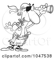 Royalty Free RF Clip Art Illustration Of A Cartoon Black And White Outline Design Of A Pirate Using A Spyglass