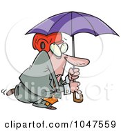 Cartoon Paranoid Businessman Wearing A Helmet Under An Umbrella