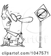 Poster, Art Print Of Cartoon Black And White Outline Design Of A Businessman By A Big Nose Prohibited Sign