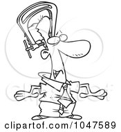 Cartoon Black And White Outline Design Of A Businessman Feeling Pressure On His Head