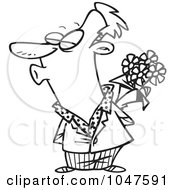 Royalty Free RF Clip Art Illustration Of A Cartoon Black And White Outline Design Of A Puckering Man Holding Flowers
