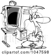 Royalty Free RF Clip Art Illustration Of A Cartoon Black And White Outline Design Of A Computer Programmer In His Office