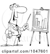 Royalty Free RF Clip Art Illustration Of A Cartoon Black And White Outline Design Of A Businessman Discussing A Bar Graph by toonaday
