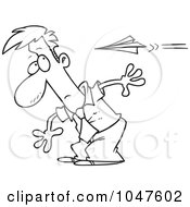 Cartoon Black And White Outline Design Of A Man Moving To Avoid A Paper Plane