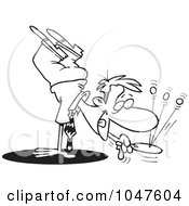 Cartoon Black And White Outline Design Of A Businessman Doing A Handstand And Playing Paddle Ball