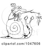 Poster, Art Print Of Cartoon Black And White Outline Design Of A Businessman Progressing A Snail With A Carrot