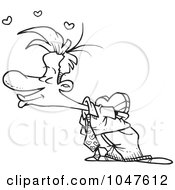Royalty Free RF Clip Art Illustration Of A Cartoon Black And White Outline Design Of A Puckering Man Holding Candy