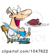 Royalty Free RF Clip Art Illustration Of A Cartoon Turkey Flying Into A Mans Mouth by toonaday