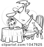 Royalty Free RF Clip Art Illustration Of A Cartoon Black And White Outline Design Of A Businessman Gazing Into A Dark Crystal Ball