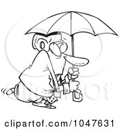 Cartoon Black And White Outline Design Of A Paranoid Businessman Wearing A Helmet Under An Umbrella