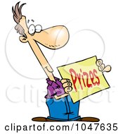 Royalty Free RF Clip Art Illustration Of A Cartoon Man Holding A Prizes Sign by toonaday