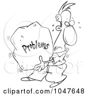 Royalty Free RF Clip Art Illustration Of A Cartoon Black And White Outline Design Of A Man Carrying A Heavy Problem Rock