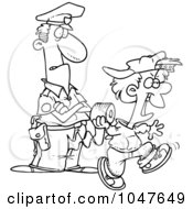 Royalty Free RF Clip Art Illustration Of A Cartoon Black And White Outline Design Of A Cop Watching A Boy Throw Toilet Paper