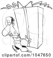 Royalty Free RF Clip Art Illustration Of A Cartoon Black And White Outline Design Of A Black Man Holding A Giant Gift