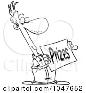 Royalty Free RF Clip Art Illustration Of A Cartoon Black And White Outline Design Of A Man Holding A Prizes Sign