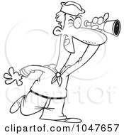Poster, Art Print Of Cartoon Black And White Outline Design Of A Sailoor Using A Spyglass