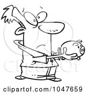 Royalty Free RF Clip Art Illustration Of A Cartoon Black And White Outline Design Of A Man Holding Out A Piggy Bank
