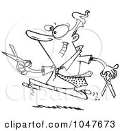 Poster, Art Print Of Cartoon Black And White Outline Design Of A Businessman Running With Scissors