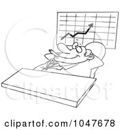 Poster, Art Print Of Cartoon Black And White Outline Design Of A Satisfied Businessman Smoking A Cigar By A Chart