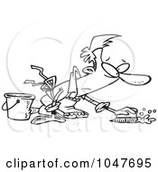 Royalty Free RF Clip Art Illustration Of A Cartoon Black And White Outline Design Of A Guy Scrubbing A Floor by toonaday