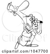 Royalty Free RF Clip Art Illustration Of A Cartoon Black And White Outline Design Of A Sax Player