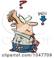 Royalty Free RF Clip Art Illustration Of A Cartoon Businessman Pondering Pushing A Button by toonaday