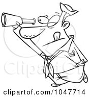 Poster, Art Print Of Cartoon Black And White Outline Design Of A Sailor Using A Telescope