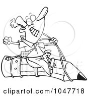 Royalty Free RF Clip Art Illustration Of A Cartoon Black And White Outline Design Of A Satisfied Businessman Riding A Pencil