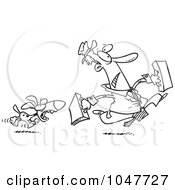 Poster, Art Print Of Cartoon Black And White Outline Design Of A Dog Chasing A Salesman