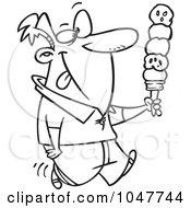 Royalty Free RF Clip Art Illustration Of A Cartoon Black And White Outline Design Of A Guy With Lots Of Ice Cream Scoops