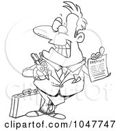 Poster, Art Print Of Cartoon Black And White Outline Design Of A Salesman Holding A Contract