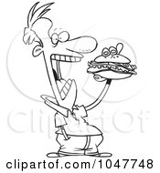Poster, Art Print Of Cartoon Black And White Outline Design Of A Guy Eating A Sandwich