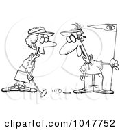 Royalty Free RF Clip Art Illustration Of A Cartoon Black And White Outline Design Of A Retired Couple Golfing