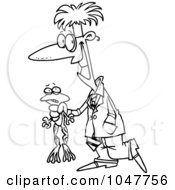 Royalty Free RF Clip Art Illustration Of A Cartoon Black And White Outline Design Of A Scientist Holding A Frog