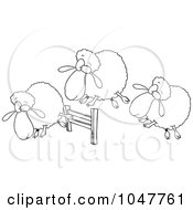 Poster, Art Print Of Cartoon Black And White Outline Design Of A Herd Of Sheep Leaping A Fence