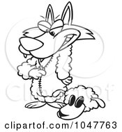 Poster, Art Print Of Cartoon Black And White Outline Design Of A Wolf Dressing In Sheeps Clothing