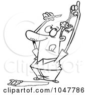 Royalty Free RF Clip Art Illustration Of A Cartoon Black And White Outline Design Of A Guy Doing His Own Brain Surgery by toonaday